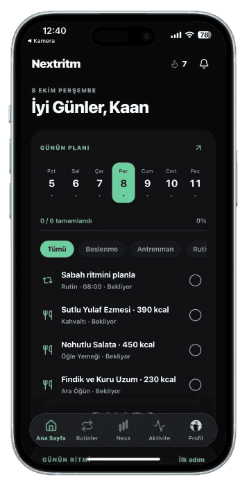 Nextritm mobil uygulamasının ana ekranı